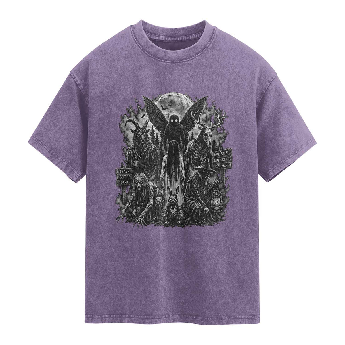 Cryptid Monsters Urban Legends Washed Cotton T-Shirt Vintage Dark Folklore Leave Before Dark Graphic