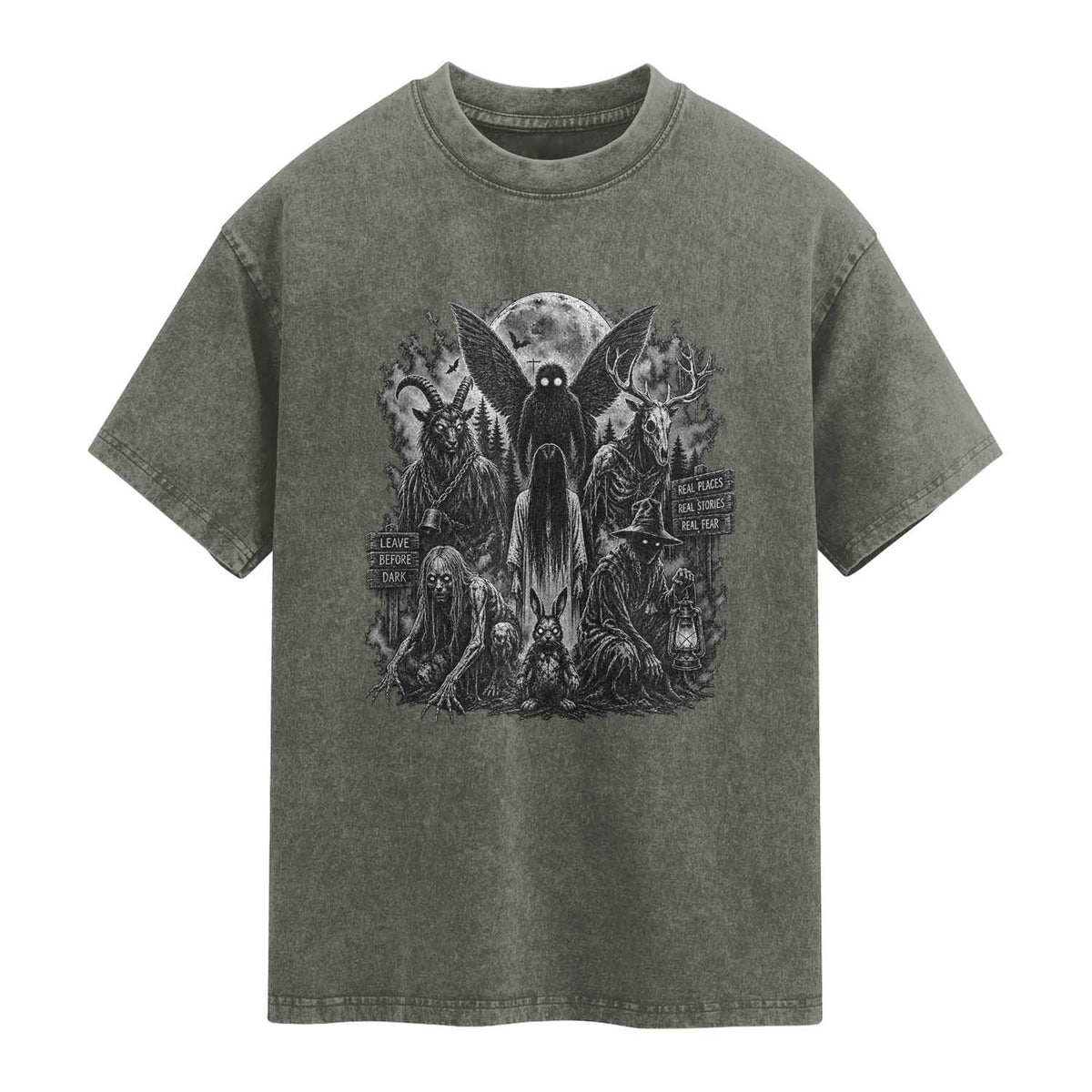 Cryptid Monsters Urban Legends Washed Cotton T-Shirt Vintage Dark Folklore Leave Before Dark Graphic