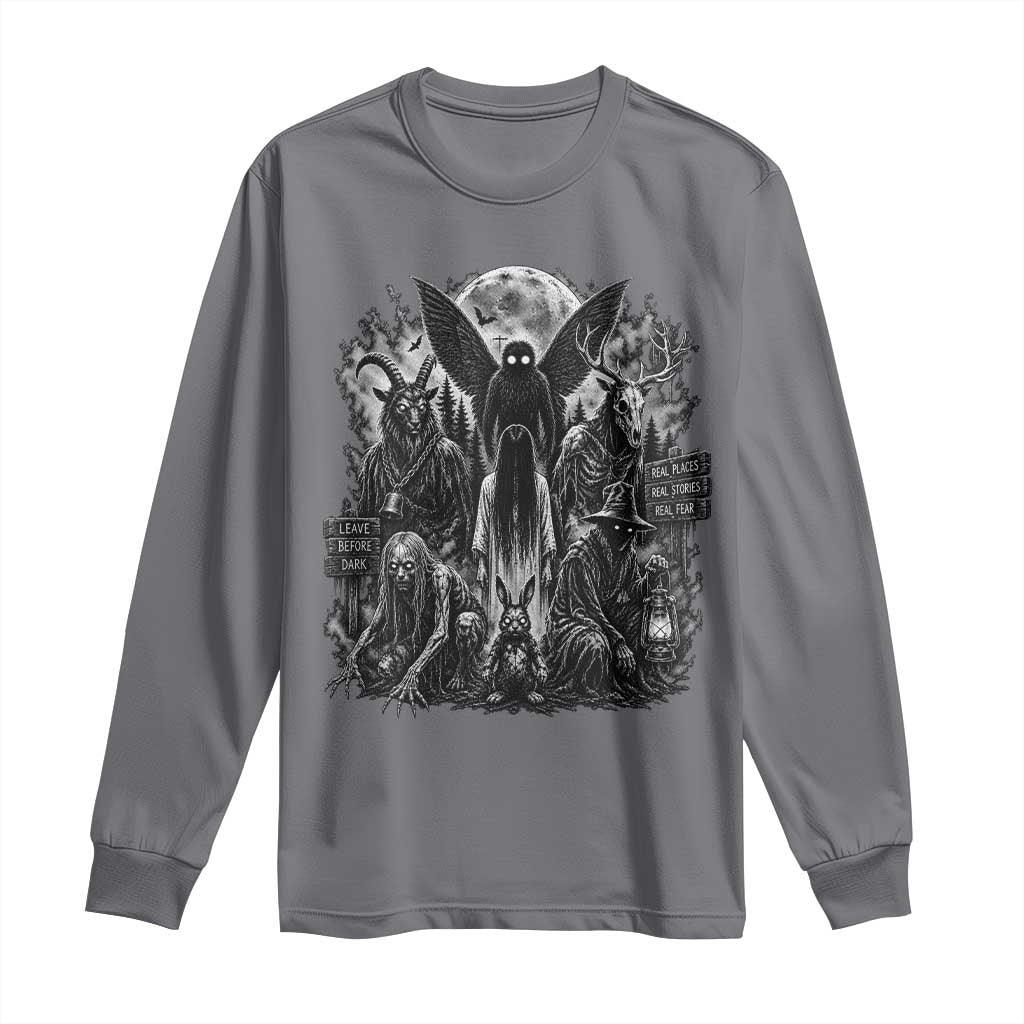 Cryptid Monsters Urban Legends Long Sleeve Shirt Vintage Dark Folklore Leave Before Dark Graphic TS10 Charcoal Print Your Wear
