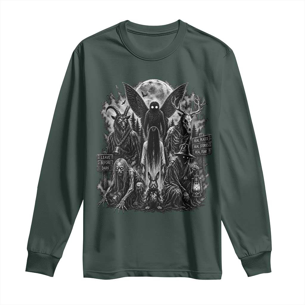 Cryptid Monsters Urban Legends Long Sleeve Shirt Vintage Dark Folklore Leave Before Dark Graphic TS10 Dark Forest Green Print Your Wear