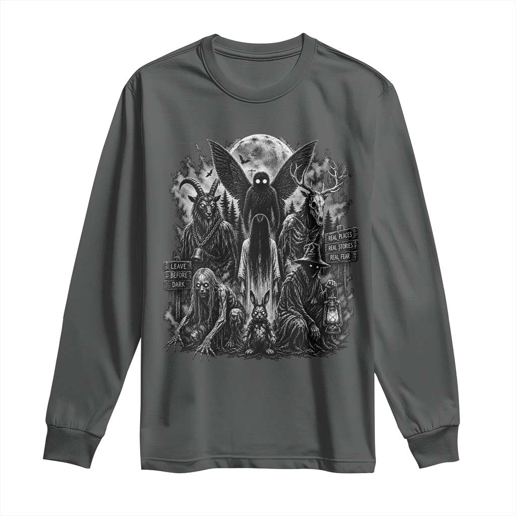 Cryptid Monsters Urban Legends Long Sleeve Shirt Vintage Dark Folklore Leave Before Dark Graphic TS10 Dark Heather Print Your Wear