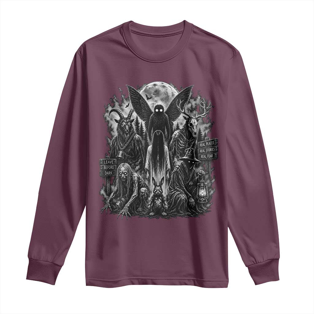 Cryptid Monsters Urban Legends Long Sleeve Shirt Vintage Dark Folklore Leave Before Dark Graphic TS10 Maroon Print Your Wear