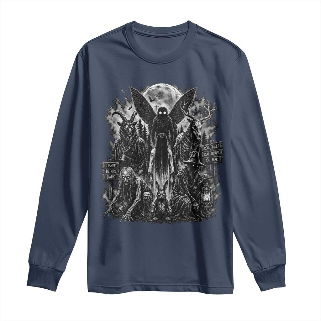 Cryptid Monsters Urban Legends Long Sleeve Shirt Vintage Dark Folklore Leave Before Dark Graphic TS10 Navy Print Your Wear
