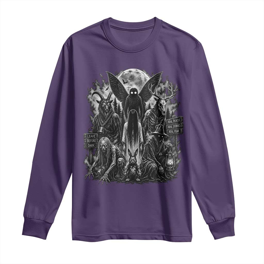 Cryptid Monsters Urban Legends Long Sleeve Shirt Vintage Dark Folklore Leave Before Dark Graphic TS10 Purple Print Your Wear
