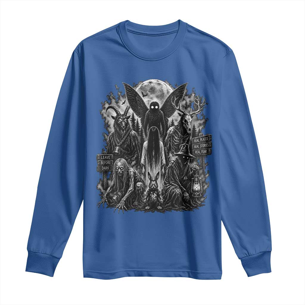Cryptid Monsters Urban Legends Long Sleeve Shirt Vintage Dark Folklore Leave Before Dark Graphic TS10 Royal Blue Print Your Wear