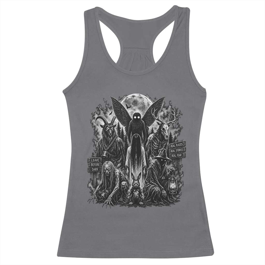 Cryptid Monsters Urban Legends Racerback Tank Top Vintage Dark Folklore Leave Before Dark Graphic TS10 Charcoal Print Your Wear