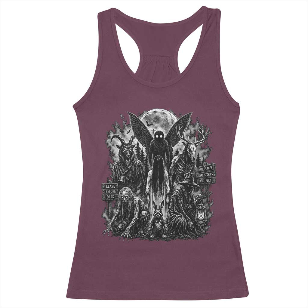 Cryptid Monsters Urban Legends Racerback Tank Top Vintage Dark Folklore Leave Before Dark Graphic TS10 Maroon Print Your Wear