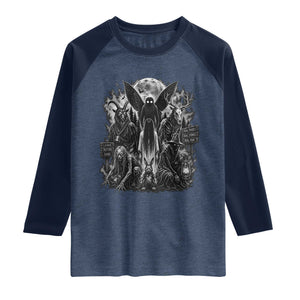 Cryptid Monsters Urban Legends Raglan Shirt Vintage Dark Folklore Leave Before Dark Graphic TS10 Heather Denim Navy Print Your Wear