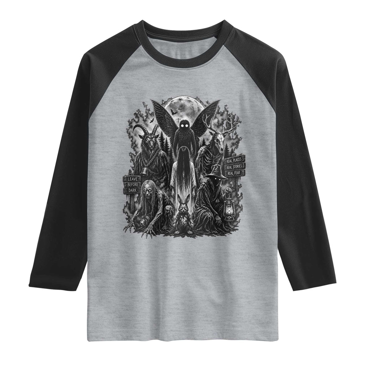 Cryptid Monsters Urban Legends Raglan Shirt Vintage Dark Folklore Leave Before Dark Graphic TS10 Heather Gray Black Print Your Wear