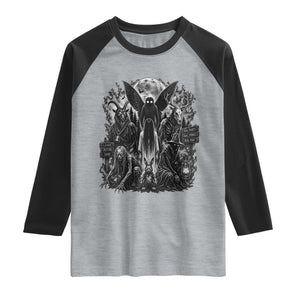 Cryptid Monsters Urban Legends Raglan Shirt Vintage Dark Folklore Leave Before Dark Graphic TS10 Heather Gray Black Print Your Wear