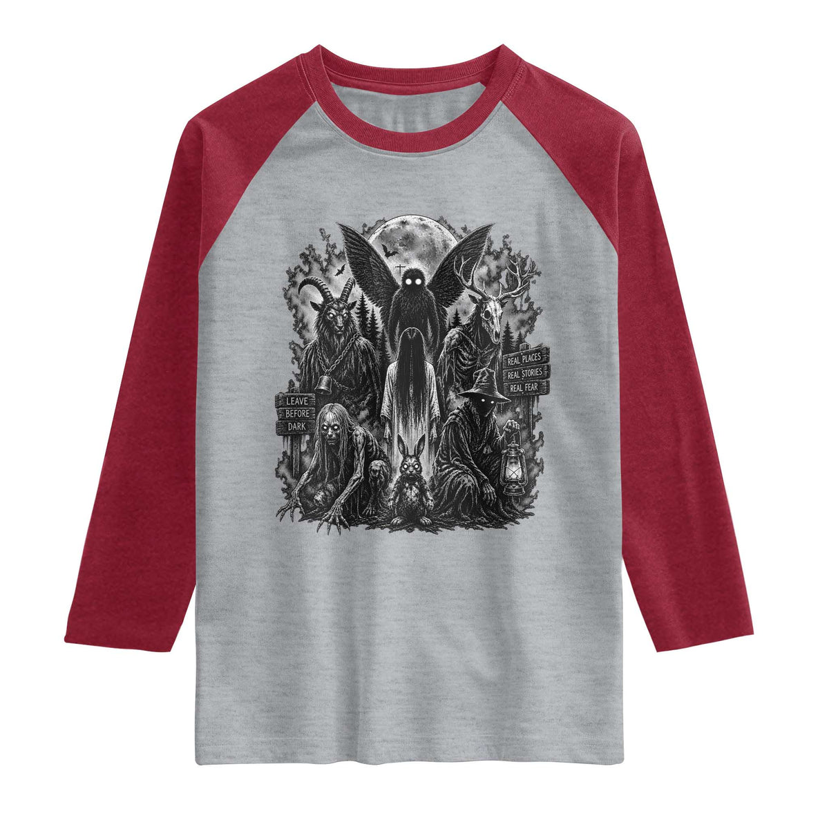 Cryptid Monsters Urban Legends Raglan Shirt Vintage Dark Folklore Leave Before Dark Graphic TS10 Heather Gray Heather Red Print Your Wear