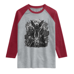 Cryptid Monsters Urban Legends Raglan Shirt Vintage Dark Folklore Leave Before Dark Graphic TS10 Heather Gray Heather Red Print Your Wear