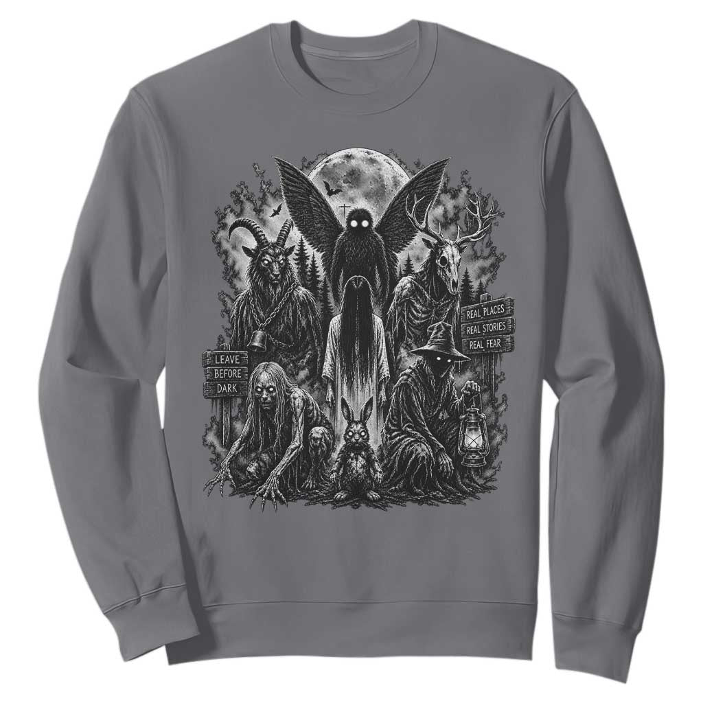 Cryptid Monsters Urban Legends Sweatshirt Vintage Dark Folklore Leave Before Dark Graphic TS10 Charcoal Print Your Wear