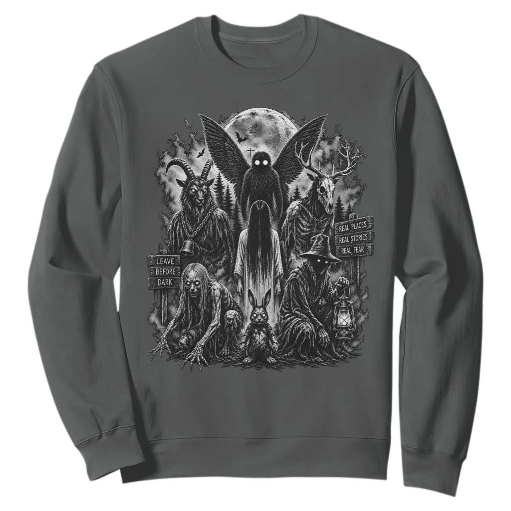 Cryptid Monsters Urban Legends Sweatshirt Vintage Dark Folklore Leave Before Dark Graphic TS10 Dark Heather Print Your Wear
