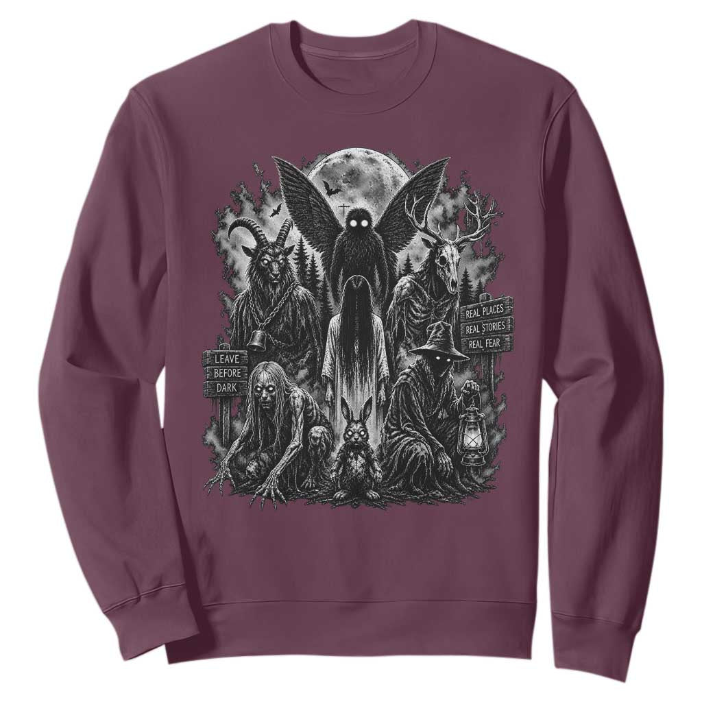 Cryptid Monsters Urban Legends Sweatshirt Vintage Dark Folklore Leave Before Dark Graphic TS10 Maroon Print Your Wear