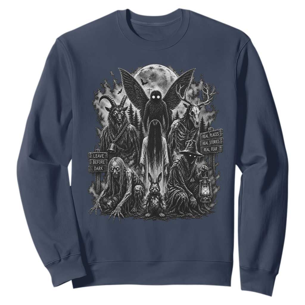 Cryptid Monsters Urban Legends Sweatshirt Vintage Dark Folklore Leave Before Dark Graphic TS10 Navy Print Your Wear