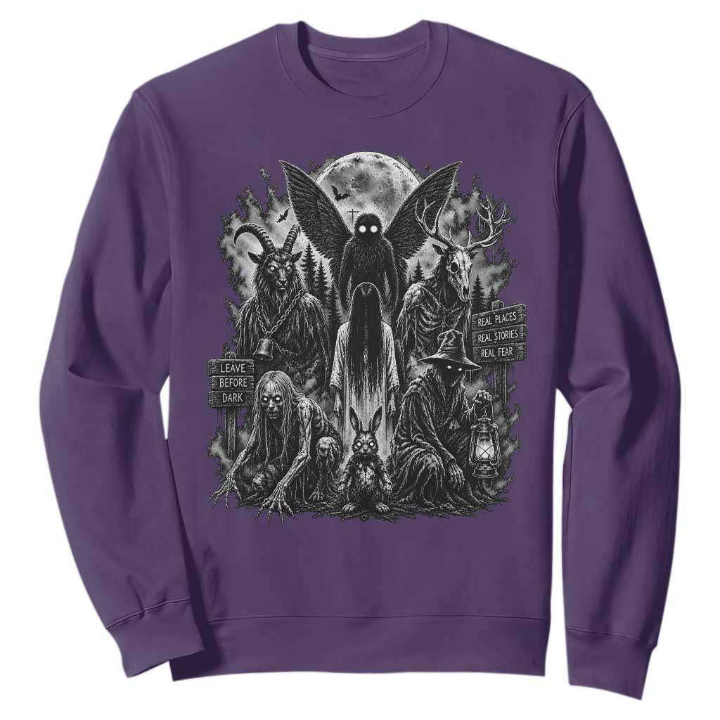 Cryptid Monsters Urban Legends Sweatshirt Vintage Dark Folklore Leave Before Dark Graphic TS10 Purple Print Your Wear