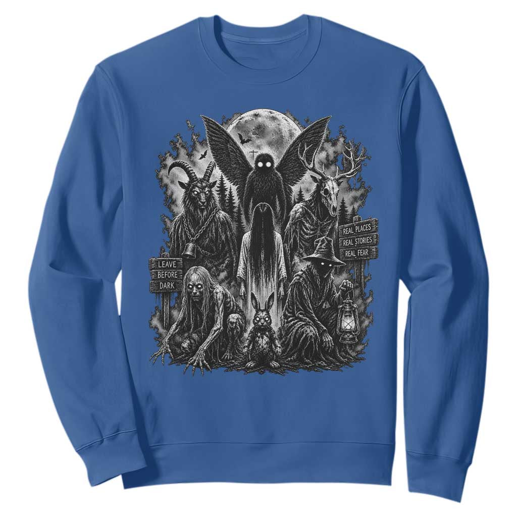 Cryptid Monsters Urban Legends Sweatshirt Vintage Dark Folklore Leave Before Dark Graphic TS10 Royal Blue Print Your Wear
