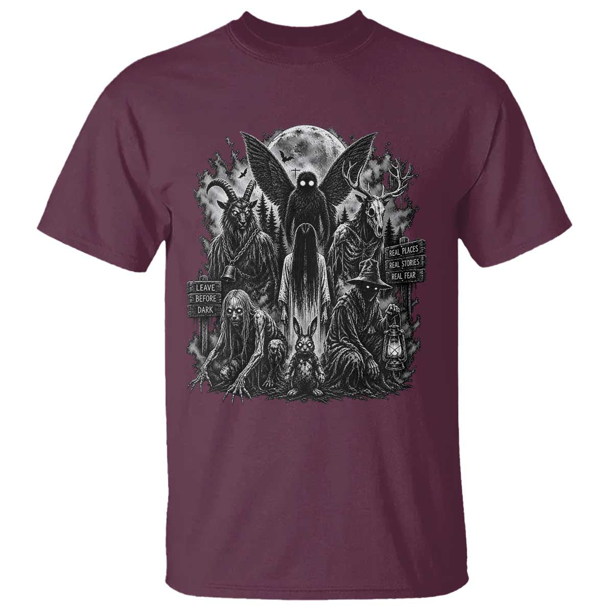 Cryptid Monsters Urban Legends T Shirt Vintage Dark Folklore Leave Before Dark Graphic TS10 Maroon Print Your Wear