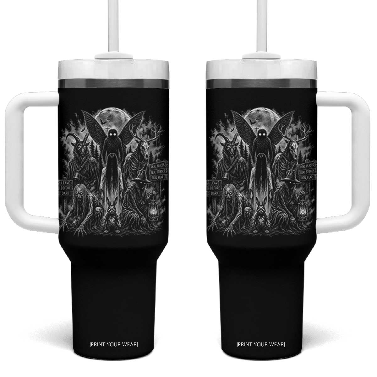 Cryptid Monsters Urban Legends Tumbler With Handle Vintage Dark Folklore Leave Before Dark Graphic TS10 One Size: 40 oz Black Print Your Wear