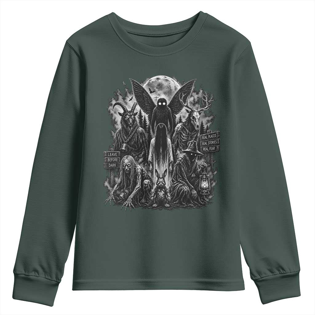 Cryptid Monsters Urban Legends Youth Sweatshirt Vintage Dark Folklore Leave Before Dark Graphic TS10 Dark Forest Green Print Your Wear