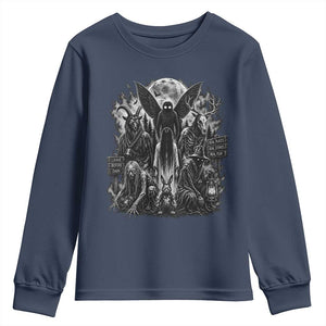 Cryptid Monsters Urban Legends Youth Sweatshirt Vintage Dark Folklore Leave Before Dark Graphic TS10 Navy Print Your Wear
