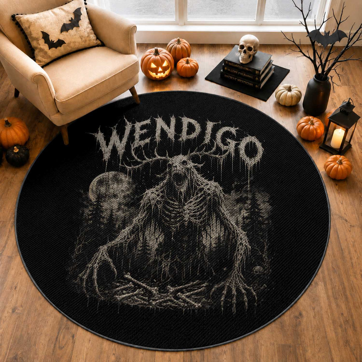 Wendigo Cryptid Monster Round Rug Heavy Metal Dark Fantasy Horror Graphic