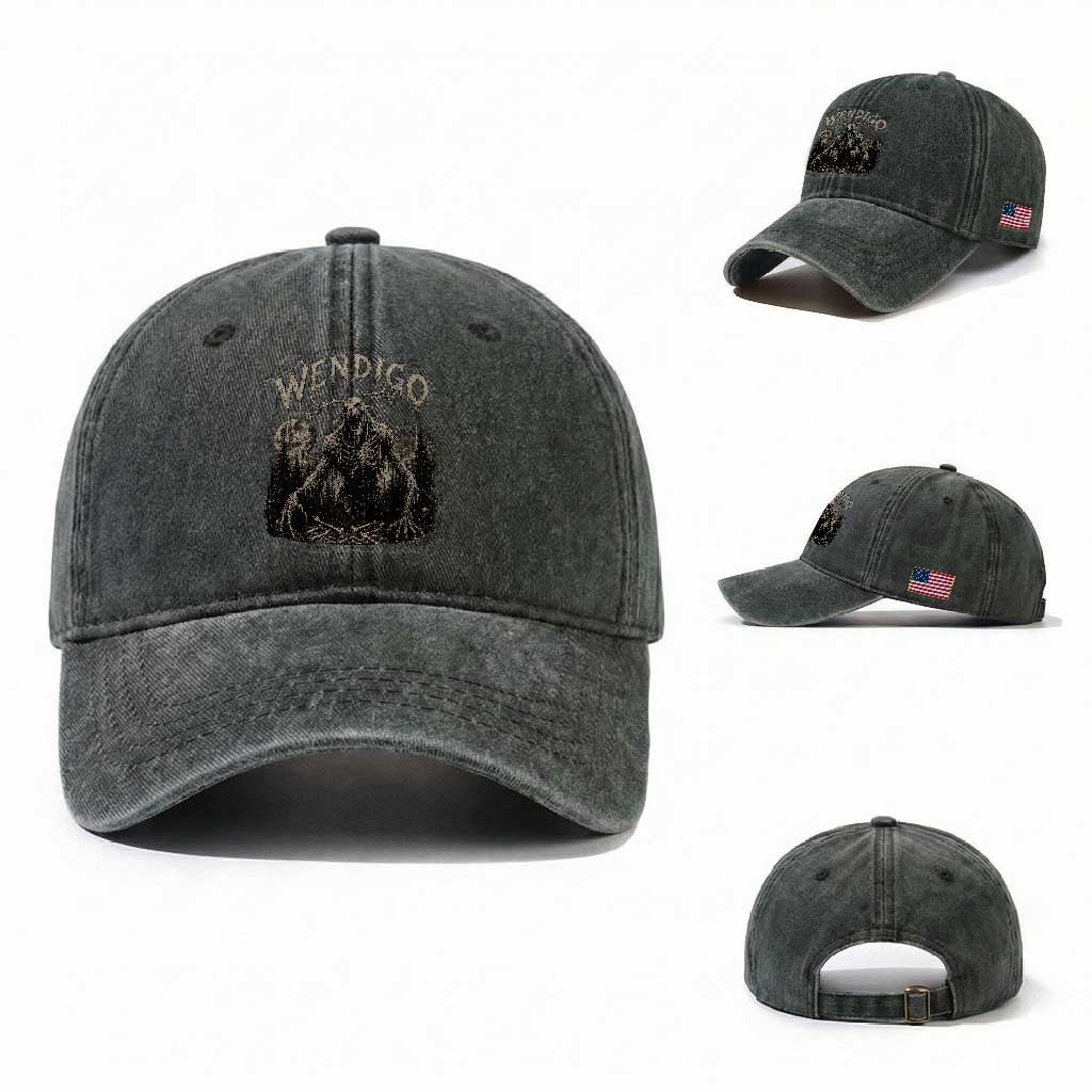 Wendigo Cryptid Monster Washed Cotton Baseball Cap Heavy Metal Dark Fantasy Horror Graphic TS10 Washed Cap Universal Fit Dark Green Print Your Wear