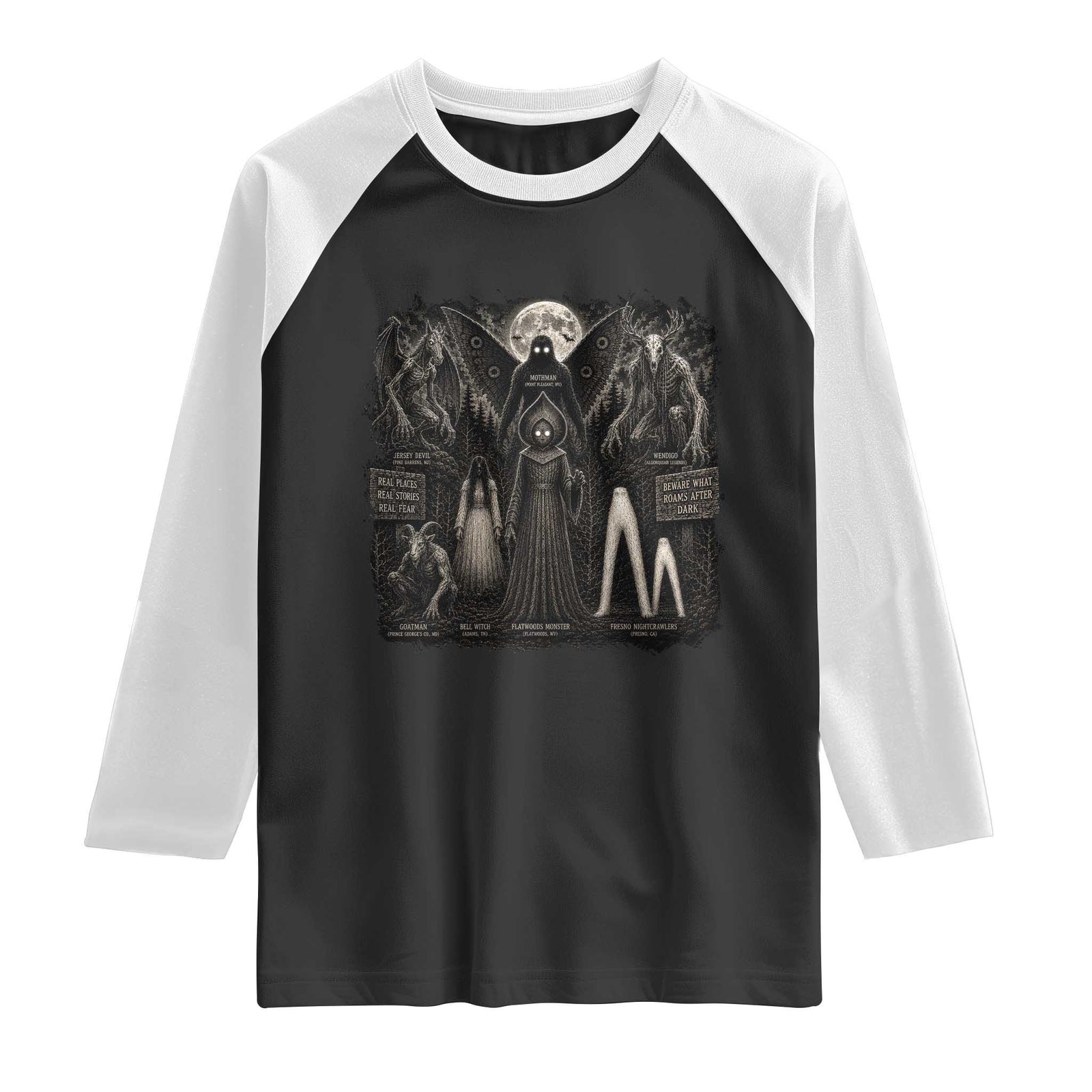 American Folklore Cryptids Mothman Wendigo Jersey Devil Graphic Raglan Shirt Gothic Dark Fantasy Vintage Spooky Monster
