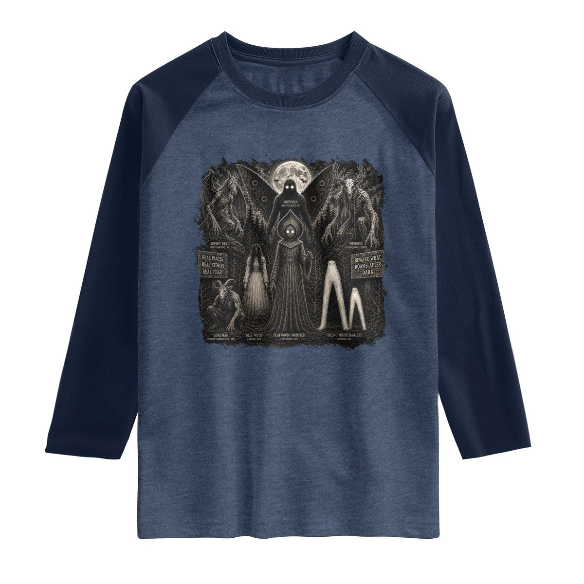 American Folklore Cryptids Mothman Wendigo Jersey Devil Graphic Raglan Shirt Gothic Dark Fantasy Vintage Spooky Monster