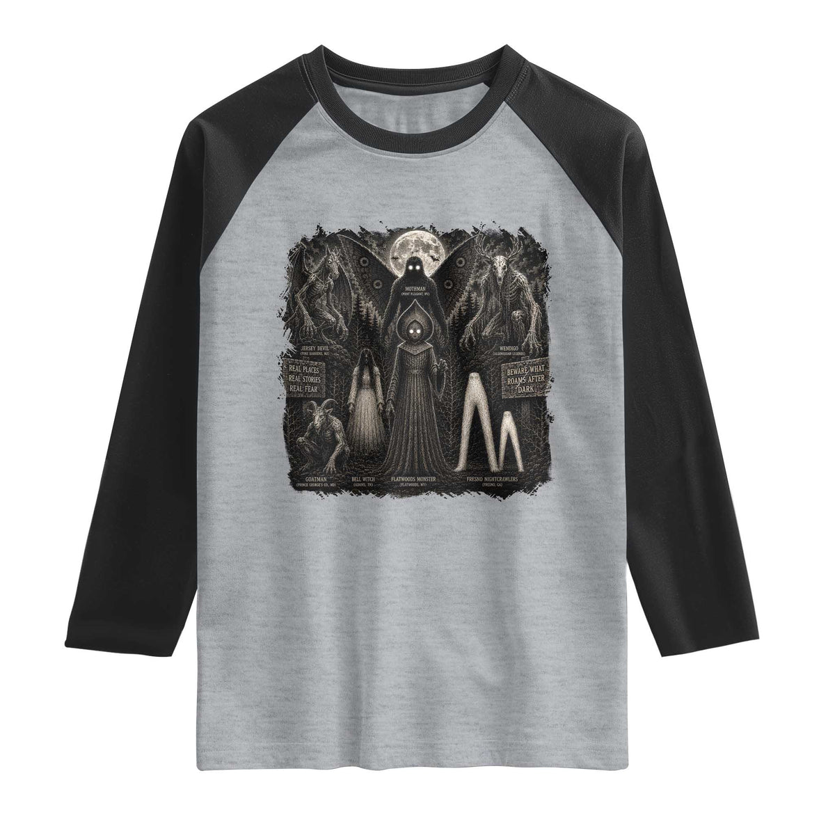American Folklore Cryptids Mothman Wendigo Jersey Devil Graphic Raglan Shirt Gothic Dark Fantasy Vintage Spooky Monster