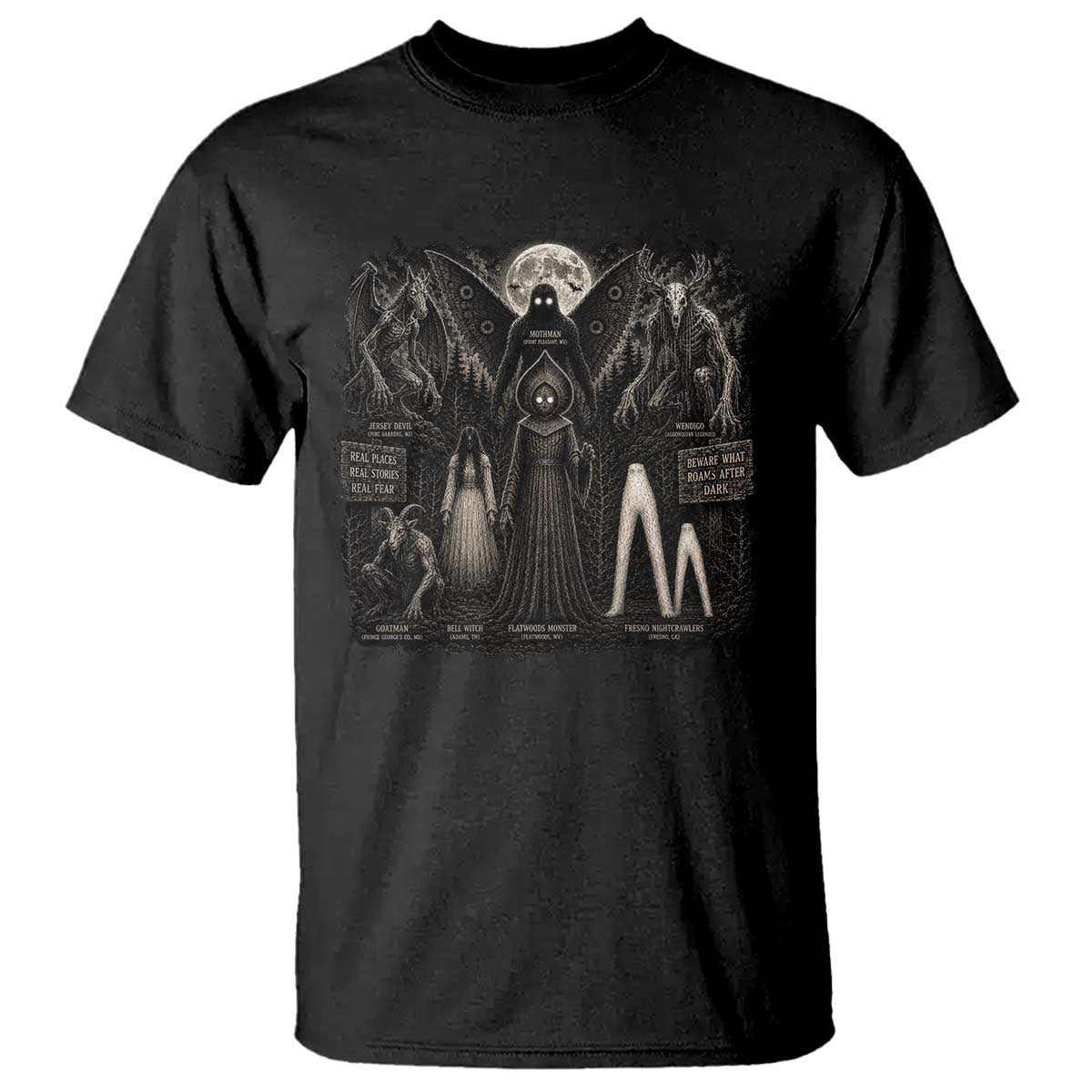 American Folklore Cryptids Mothman Wendigo Jersey Devil Graphic T Shirt Gothic Dark Fantasy Vintage Spooky Monster