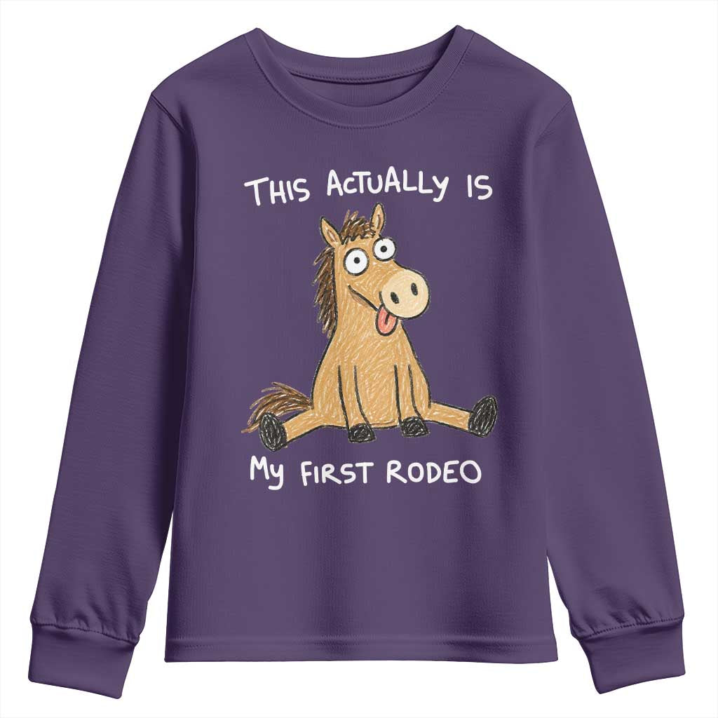 This Actually Is My First Rodeo Funny Silly Horse Youth Sweatshirt 1st Birthday Meme TS10 Purple Print Your Wear