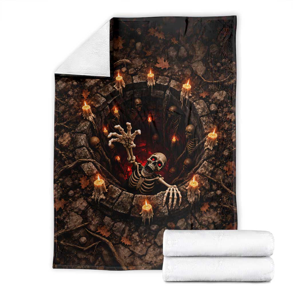 Crawling Skeleton From Deep Hole 3D Halloween Optical Illusion Throw Blanket Spooky Candlelit Stone Pit Haunted House