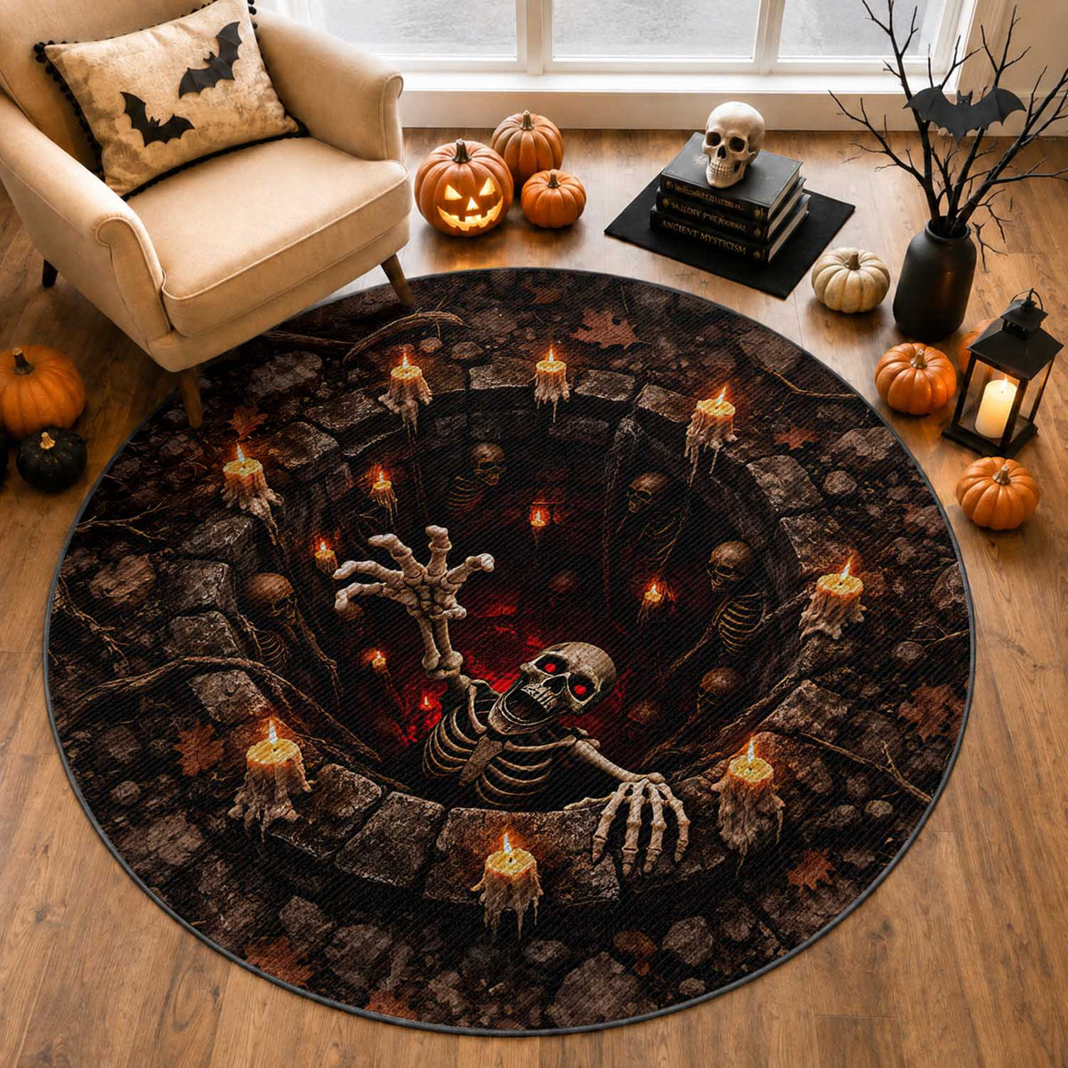 Crawling Skeleton From Deep Hole 3D Halloween Optical Illusion Round Rug Spooky Candlelit Stone Pit Haunted House