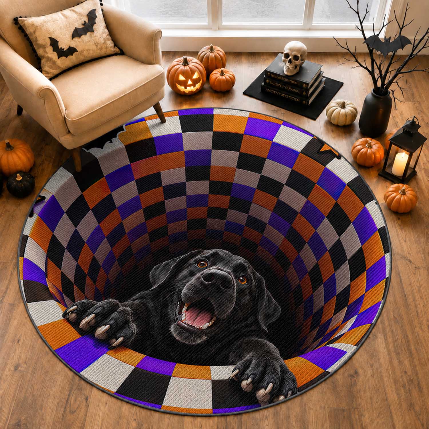 Spooky Deep Hole Black Lab 3D Halloween Optical Illusion Round Rug Orange Purple Checkered Hole Concept Cute Labrador Dog Lovers