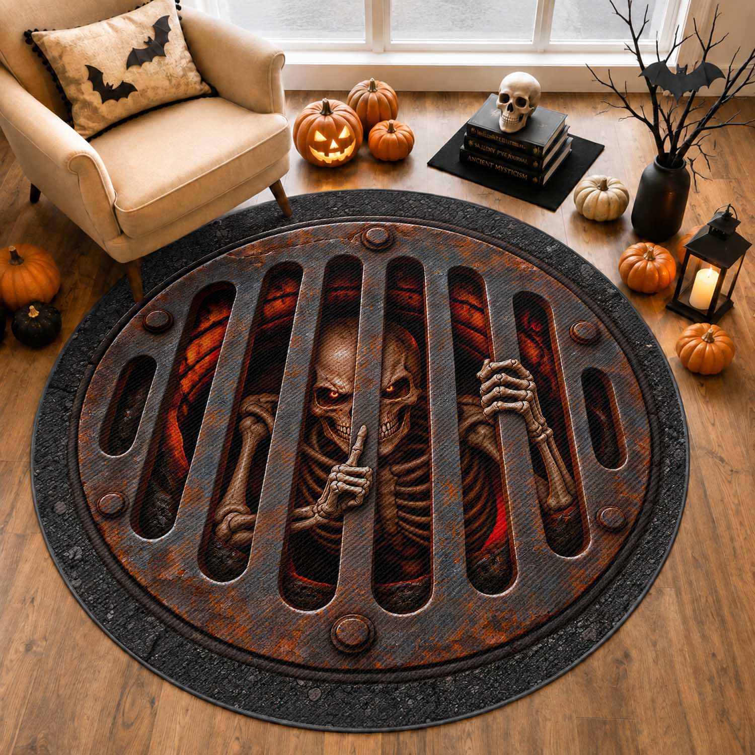 Deep Sewer Hole Creepy Skeleton Peek Shh Gesture 3D Halloween Optical Illusion Round Rug Manhole Cover Spooky Decor