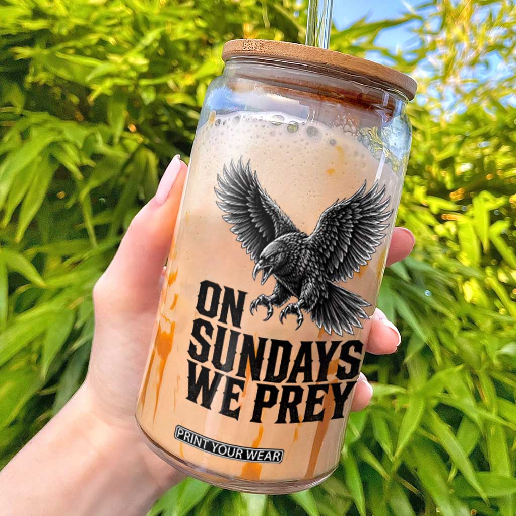 On Sundays We Prey Vintage Sunday Game Day Black Raven Sport Fan Glass Can