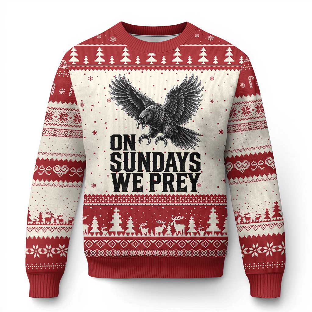 On Sundays We Prey Vintage Sunday Game Day Black Raven Sport Fan Ugly Christmas Sweater