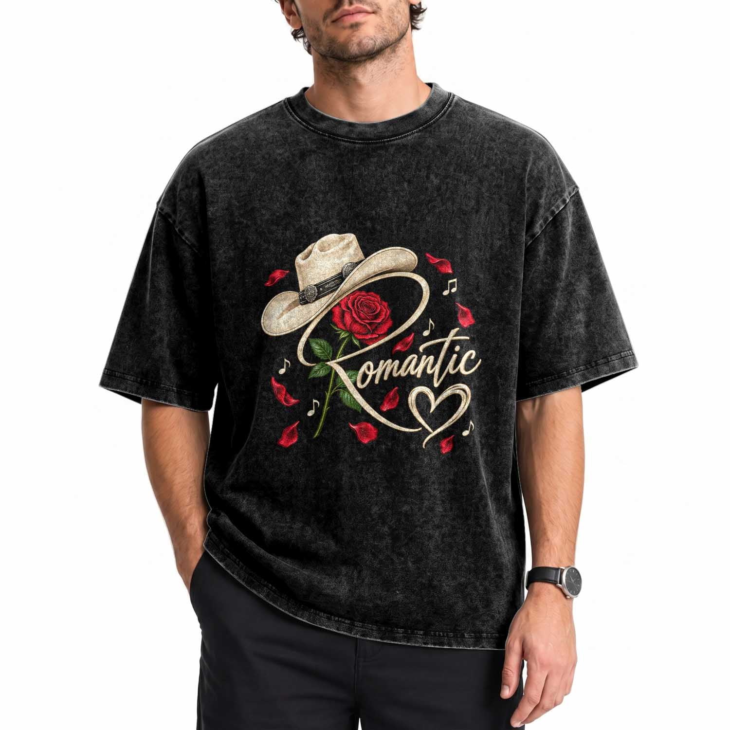 Romantic Cowboy Hat Red Rose Western Country Rodeo Graphic Washed Cotton T-Shirt