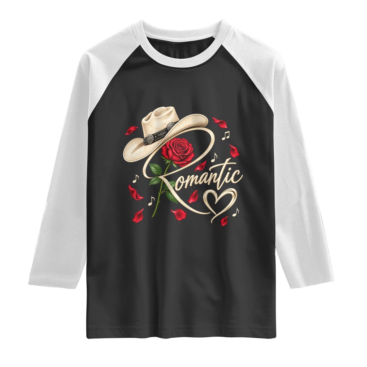 Romantic Cowboy Hat Red Rose Western Country Rodeo Graphic Raglan Shirt