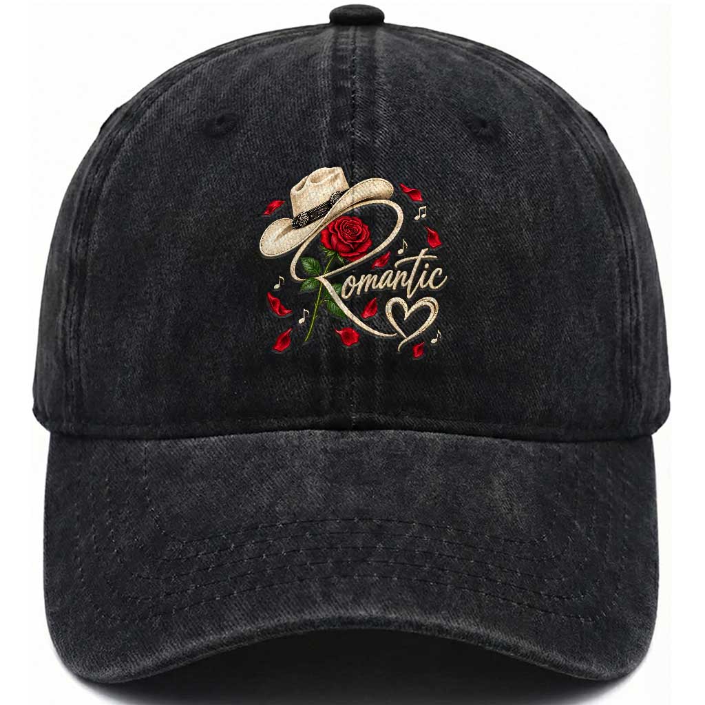 Romantic Cowboy Hat Red Rose Western Country Rodeo Graphic Washed Cotton Baseball Cap