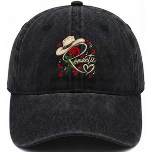 Romantic Cowboy Hat Red Rose Western Country Rodeo Graphic Washed Cotton Baseball Cap