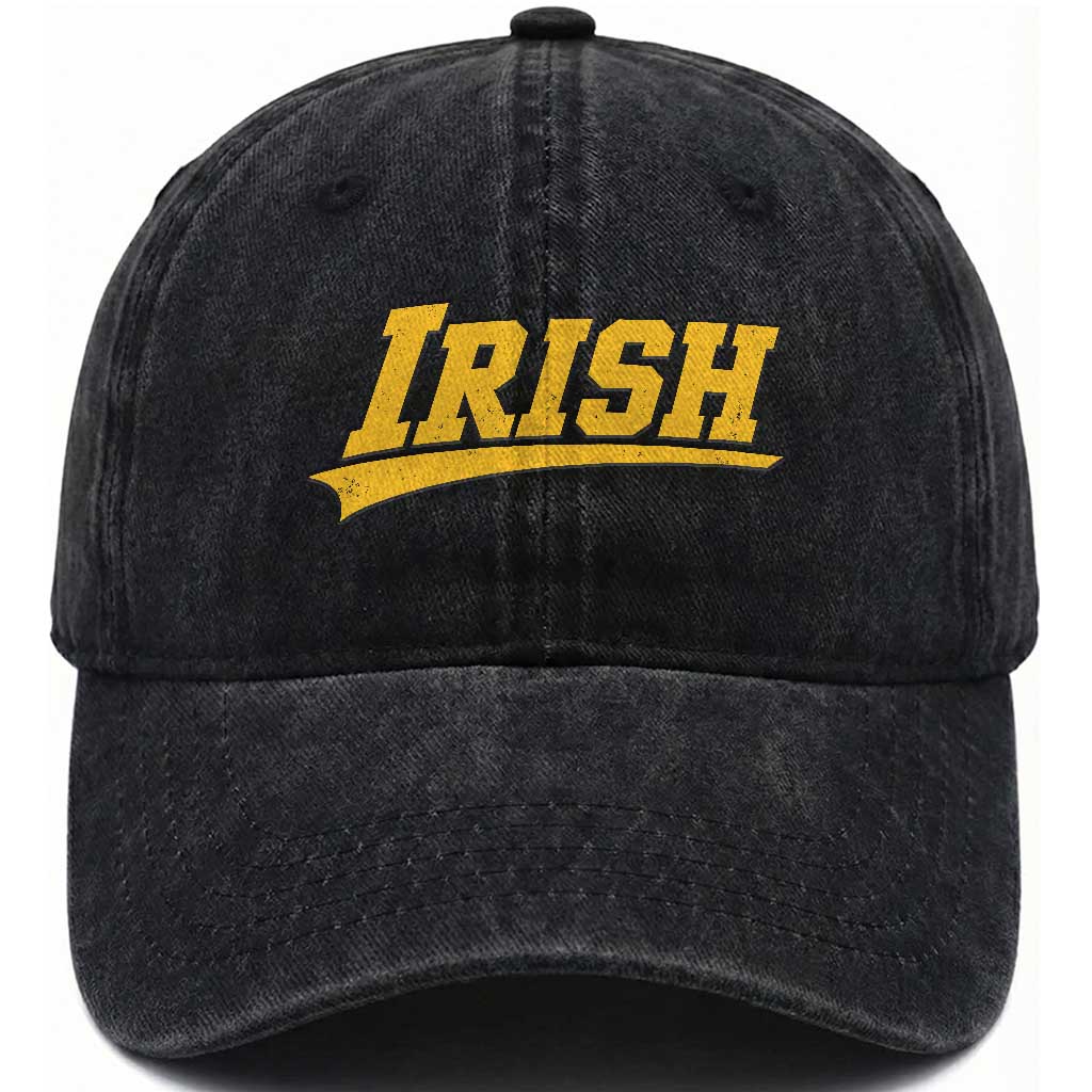 Retro Varsity Vintage Irish Washed Cotton Baseball Cap Classic Yellow Print Athletic Game Day Graphic