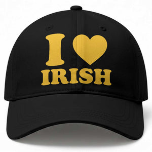 I Love Irish Baseball Cap Bold Retro Typography Yellow Heart Graphic