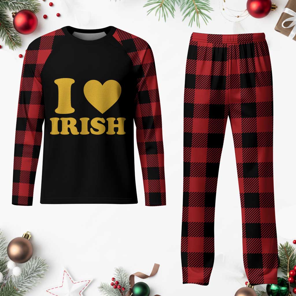 I Love Irish Plaid Pajama Set Bold Retro Typography Yellow Heart Graphic