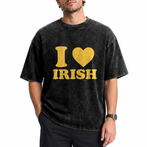 I Love Irish Washed Cotton T-Shirt Bold Retro Typography Yellow Heart Graphic
