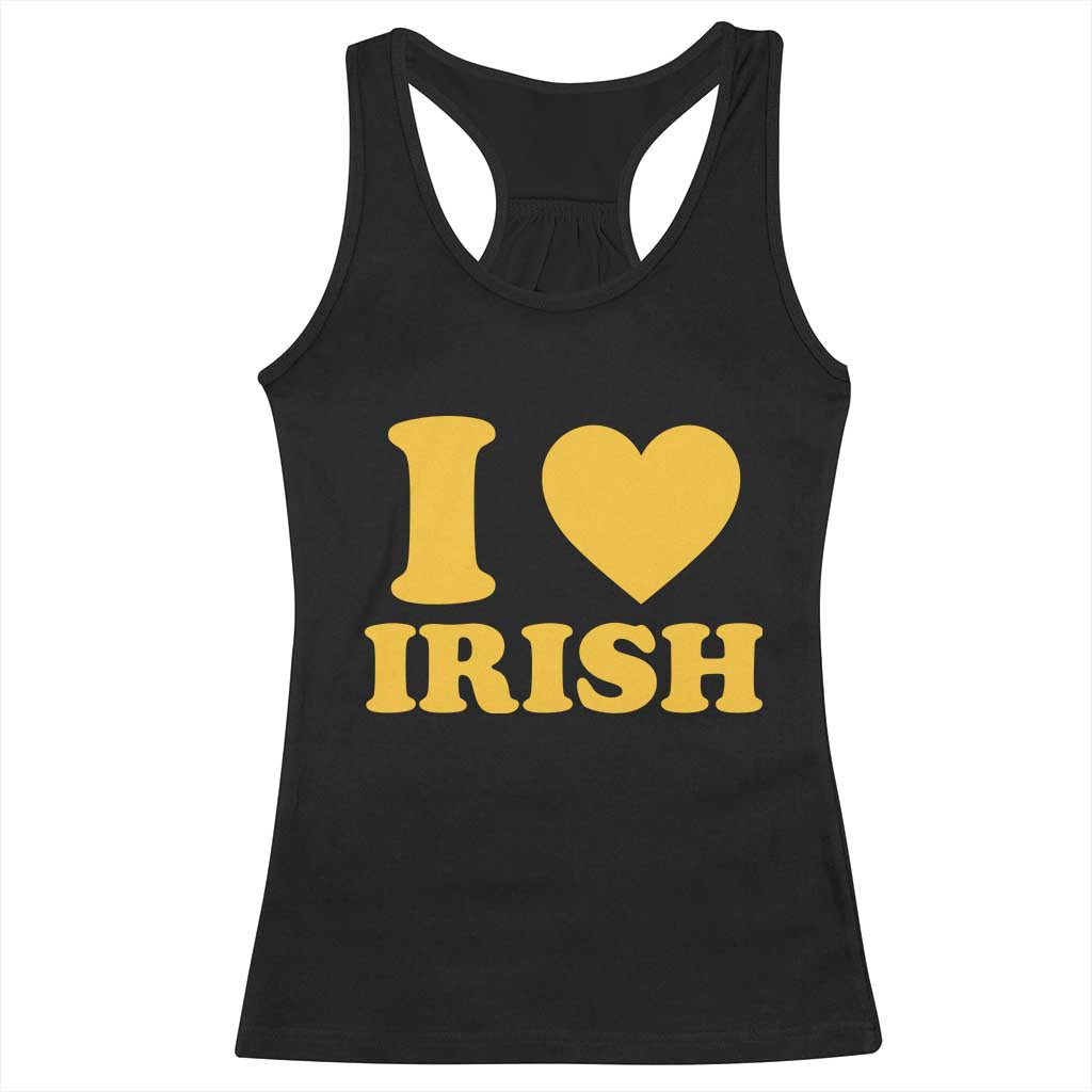 I Love Irish Racerback Tank Top Bold Retro Typography Yellow Heart Graphic