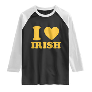 I Love Irish Raglan Shirt Bold Retro Typography Yellow Heart Graphic