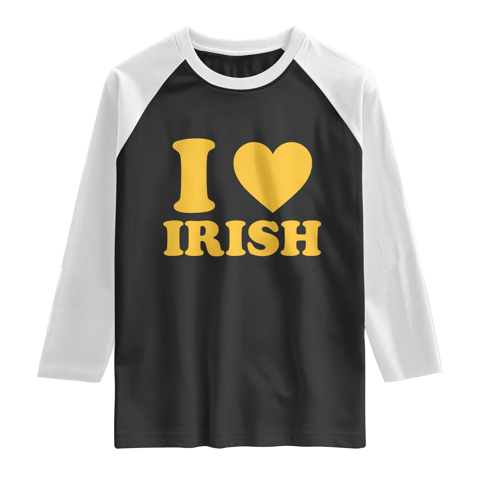 I Love Irish Raglan Shirt Bold Retro Typography Yellow Heart Graphic